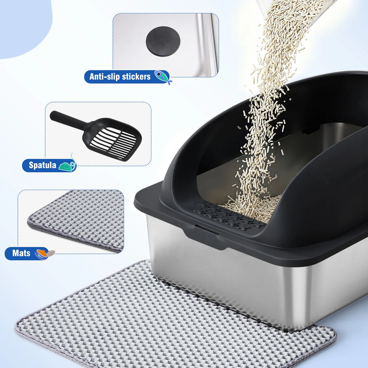 JHK 24-Inch Large Stainless Steel Cat Litter Box with Lid, Leak-Resistant Design, Scoop & Mat for Large Cats