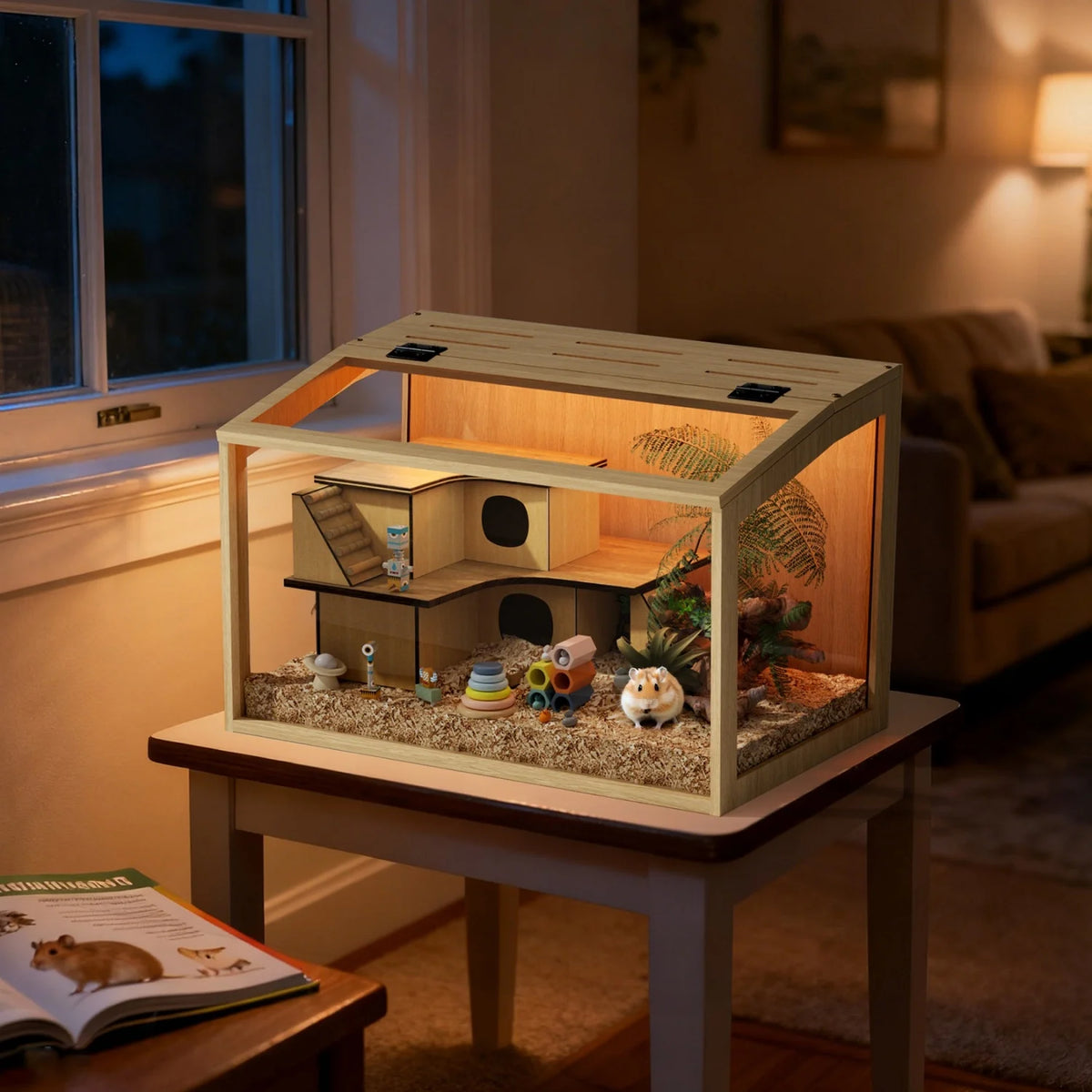 Wooden Hamster & Small Pet Habitat with Tempered Glass Panels & Built-In LED Light – 60/80/100 cm Sizes