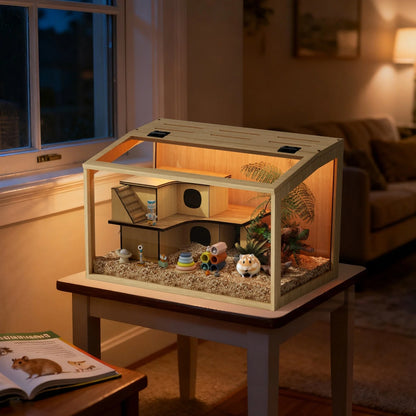 Wooden Hamster & Small Pet Habitat with Tempered Glass Panels & Built-In LED Light – 60/80/100 cm Sizes