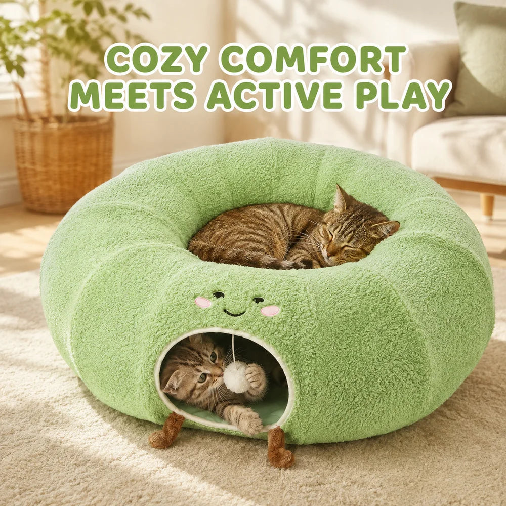 Convertible Plush Cat Tunnel & Donut Bed with Removable Cushion, Zipper Connection & Hanging Toy Ball for Indoor Cats