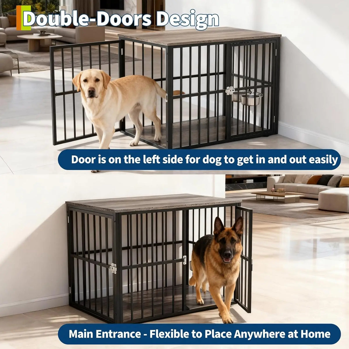 43-Inch Wooden Dog Crate Furniture with Double Doors, Removable Tray & Divider for Medium to Large Dogs