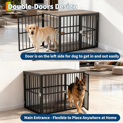 43-Inch Wooden Dog Crate Furniture with Double Doors, Removable Tray & Divider for Medium to Large Dogs