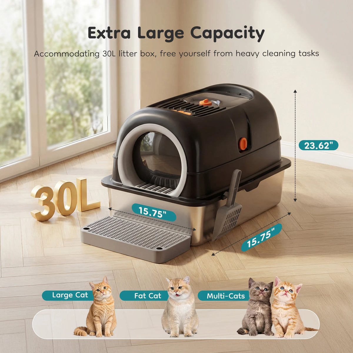 24-Inch Extra-Large Stainless Steel Enclosed Cat Litter Box with Scoop & Mat – 30L Capacity