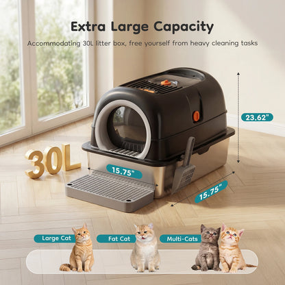 24-Inch Extra-Large Stainless Steel Enclosed Cat Litter Box with Scoop & Mat – 30L Capacity