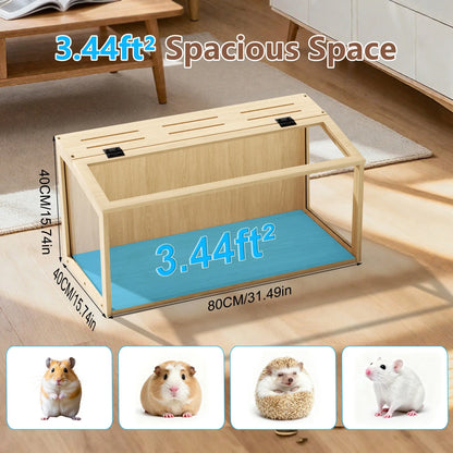 Wooden Hamster & Small Pet Habitat with Tempered Glass Panels & Built-In LED Light – 60/80/100 cm Sizes
