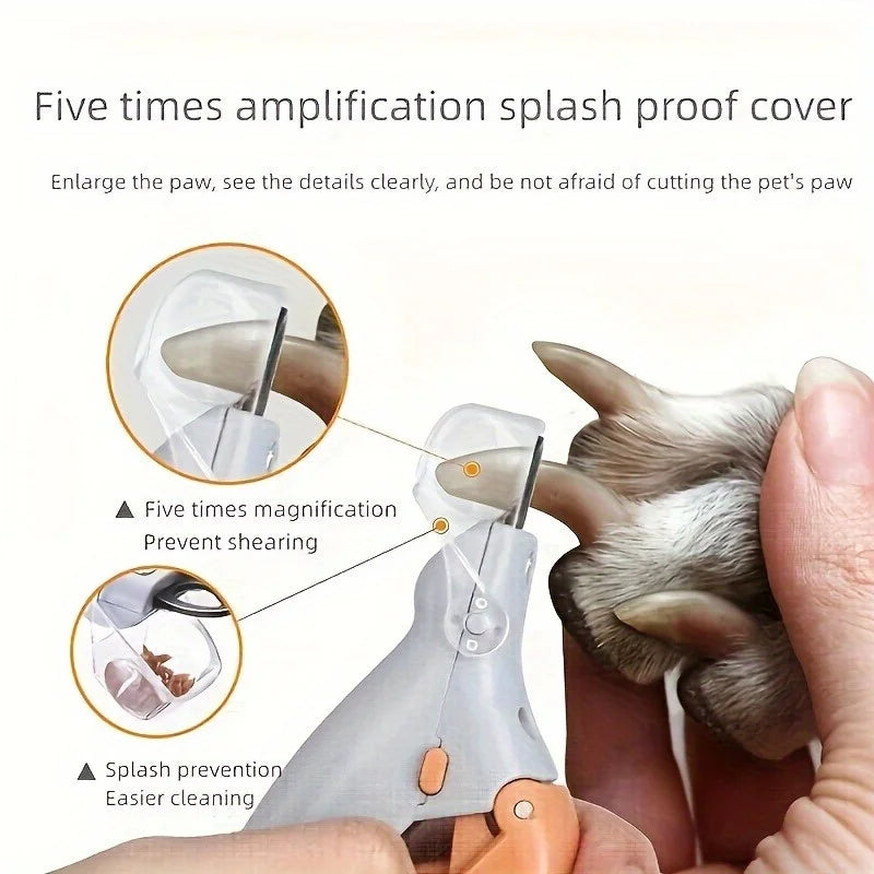 Pet nail clipper with five times magnification lens and splash proof cover