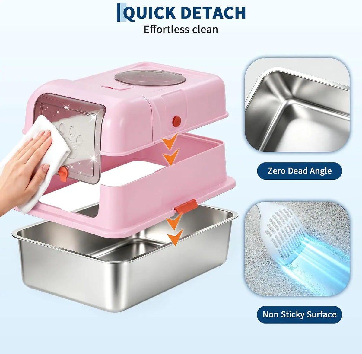 Exploded view of a pink cat litter box with stainless steel tray showing detachable parts for easy cleaning