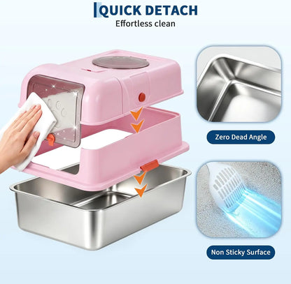 Exploded view of a pink cat litter box with stainless steel tray showing detachable parts for easy cleaning