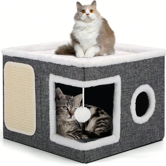 Cozy Foldable Indoor Cat House with Soft Reversible Cushion, Hanging Play Balls & Peekaboo Windows – Supports Up to 30 lbs