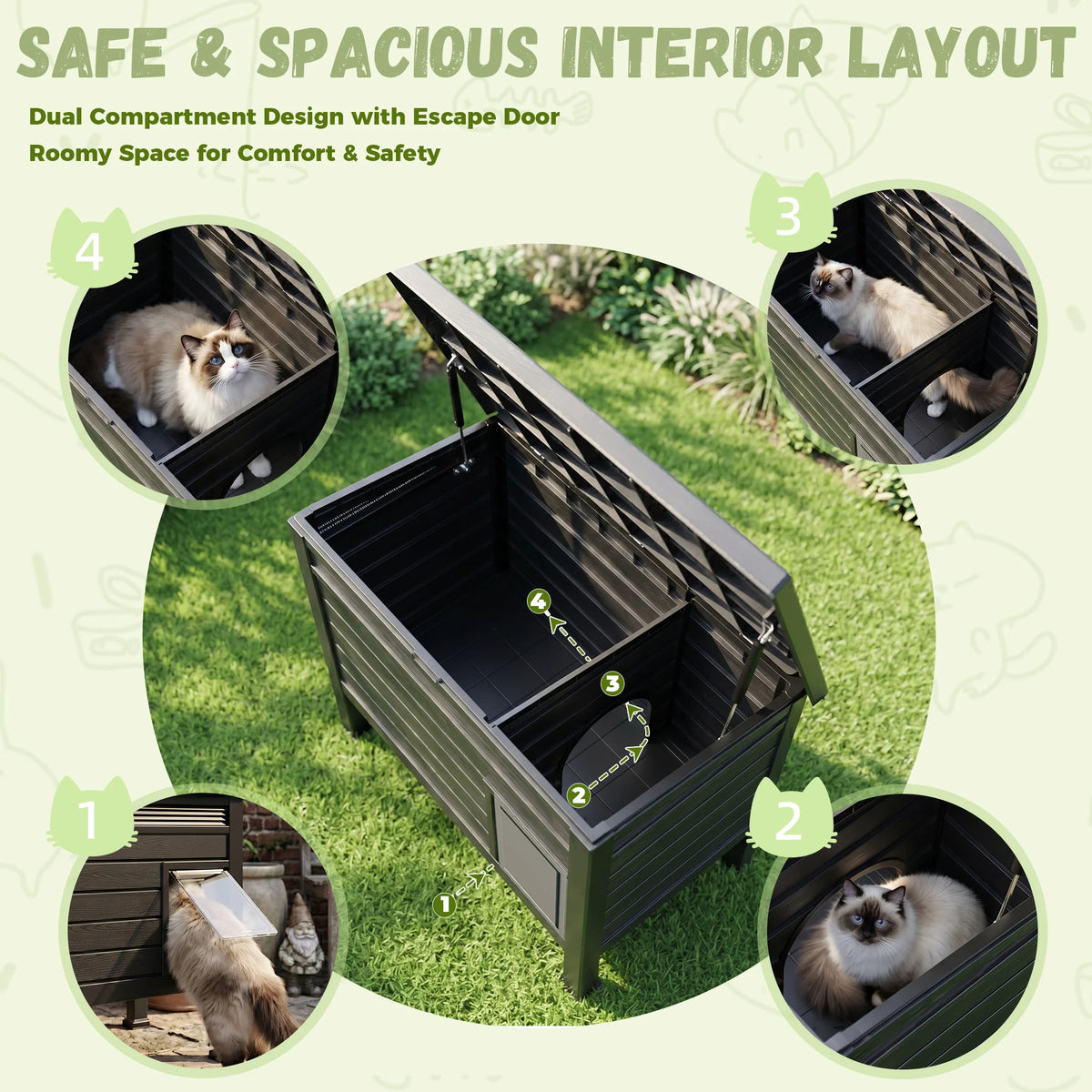 Weatherproof Elevated Outdoor Cat House – UV-Resistant Resin Shelter with Easy-Clean Opening Roof