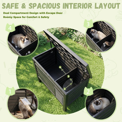 Weatherproof Elevated Outdoor Cat House – UV-Resistant Resin Shelter with Easy-Clean Opening Roof