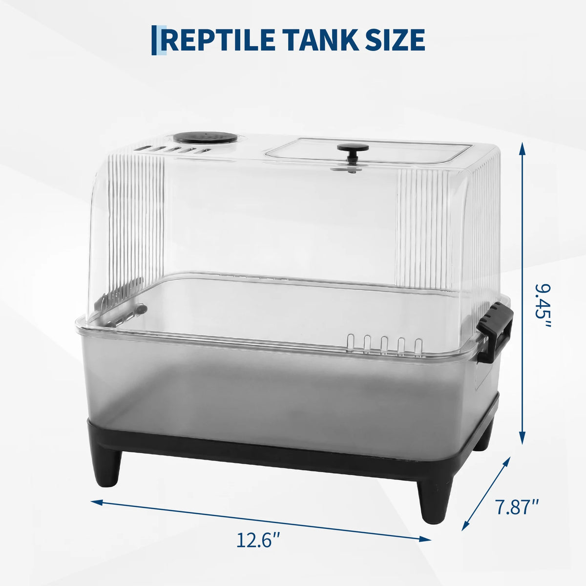 Clear reptile tank with dimensions labeled as 12.6 inches wide 7.87 inches deep and 9.45 inches high