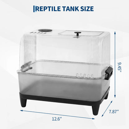 Clear reptile tank with dimensions labeled as 12.6 inches wide 7.87 inches deep and 9.45 inches high