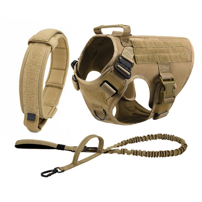 Tan tactical dog harness with matching collar and bungee leash