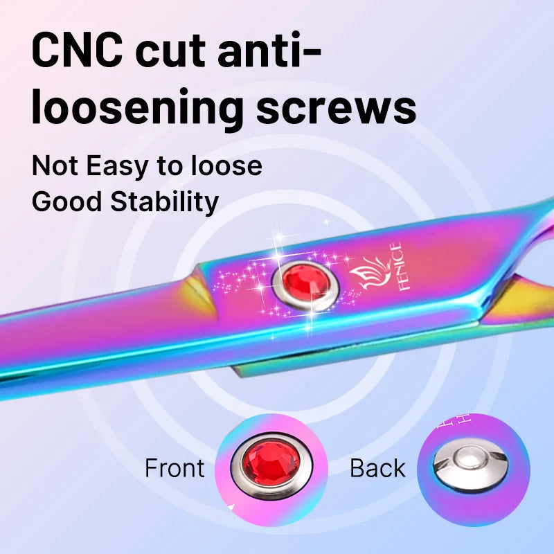 Rainbow colored grooming scissors featuring a red jewel screw for stability
