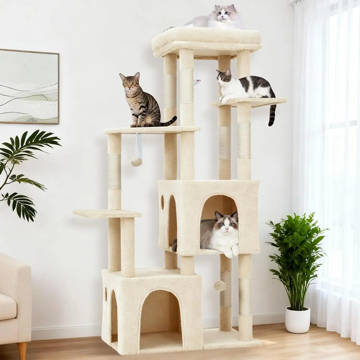 Beige 61-inch multi-level cat tree with two condos, top perch, sisal scratching posts, and cats relaxing on different levels