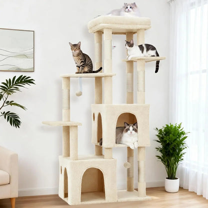 Beige 61-inch multi-level cat tree with two condos, top perch, sisal scratching posts, and cats relaxing on different levels