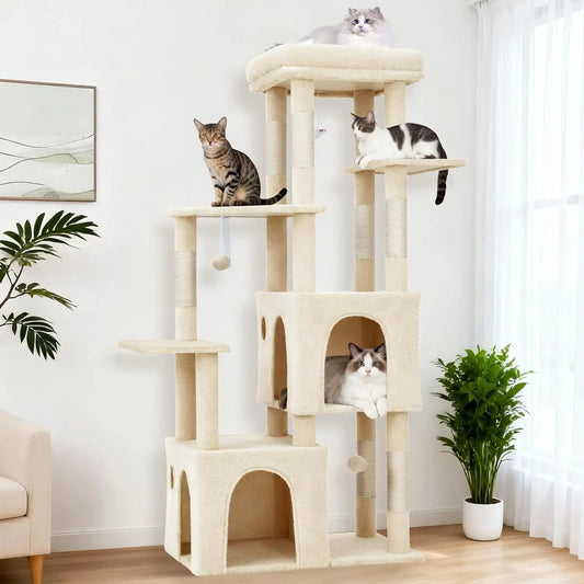 Beige 61-inch multi-level cat tree with two condos, top perch, sisal scratching posts, and cats relaxing on different levels