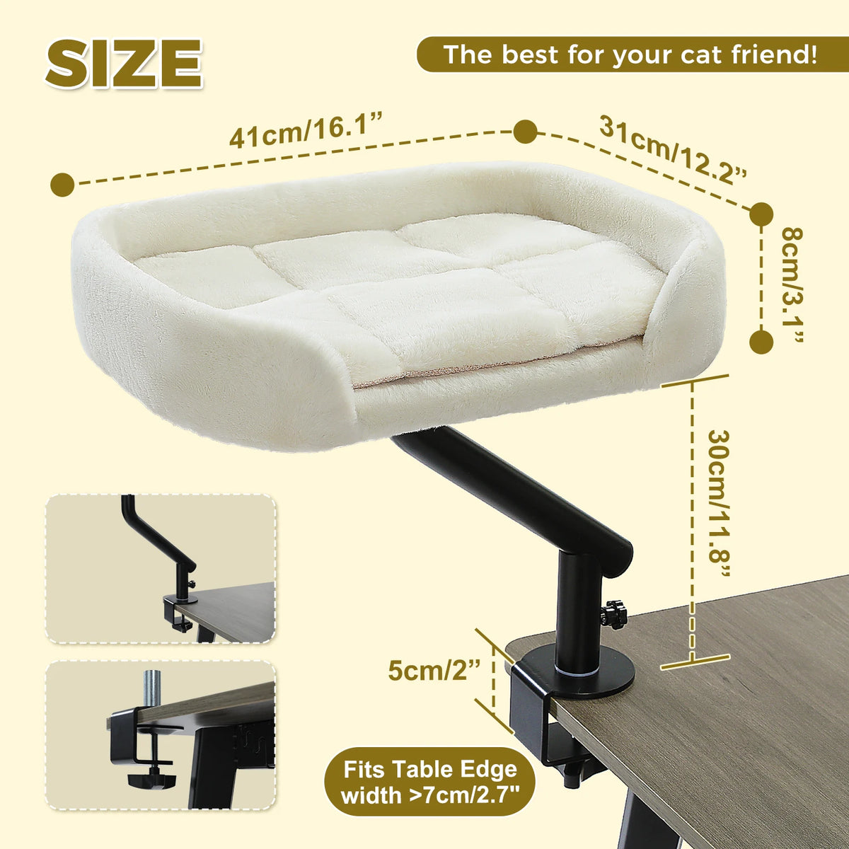 Diagram showing dimensions of a clamp on cat bed with table mount