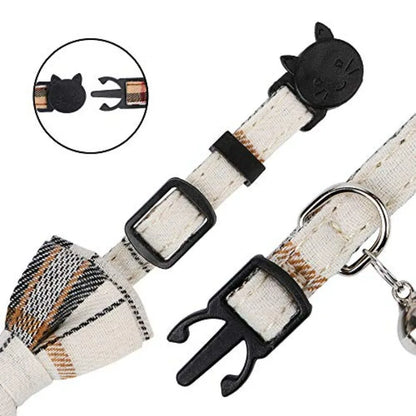Beige plaid cat collar with a bow tie and a cat shaped breakaway buckle