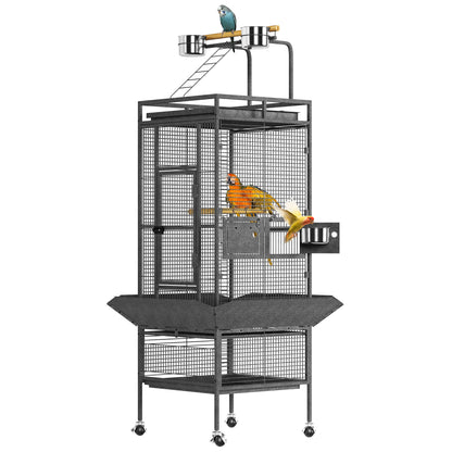61-Inch Large Wrought Iron Bird Cage with Play Top, Rolling Stand, Perch & Feeders for Parrots, Cockatiels, Conures & Parakeets