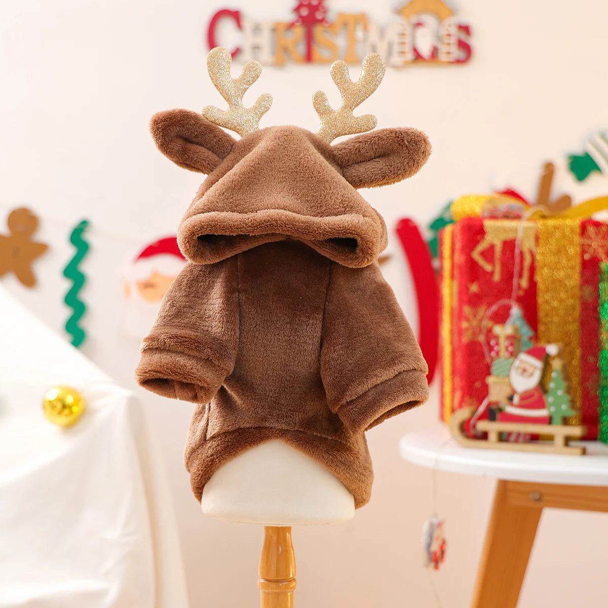 Cozy Reindeer Fleece Hoodie for Dogs & Cats – Warm Brown Christmas Pet Sweatshirt with Antlers