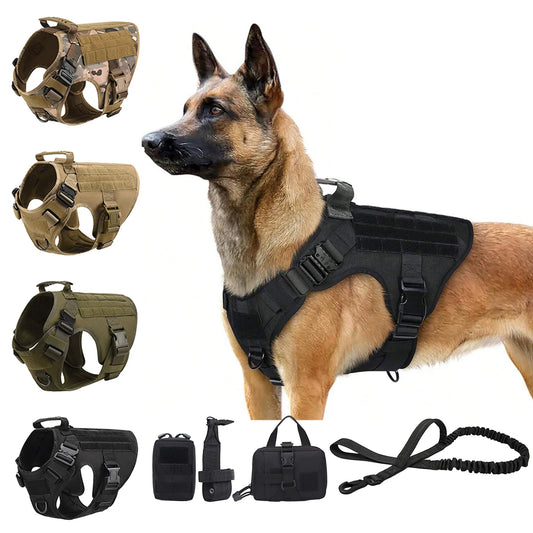 Tactical dog harness in multiple colors with matching leash and molle pouches