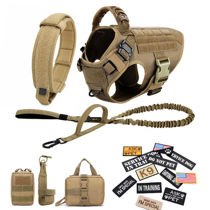 Tactical Dog Harness, Collar & Leash Set with Pouches and Patches