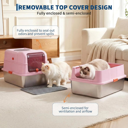 Two cats using a pink stainless steel cat litter box with removable top cover design