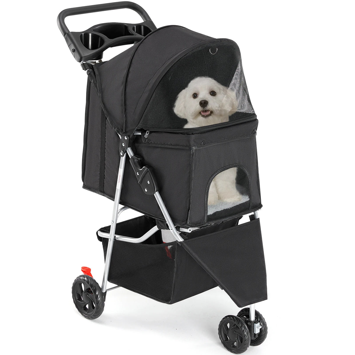 JHK 3-Wheel Foldable Pet Stroller for Small Dogs & Cats – Mesh Windows, Storage Basket & Cup Holder