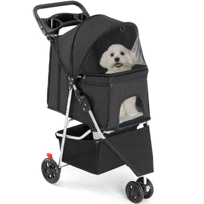 JHK 3-Wheel Foldable Pet Stroller for Small Dogs & Cats – Mesh Windows, Storage Basket & Cup Holder