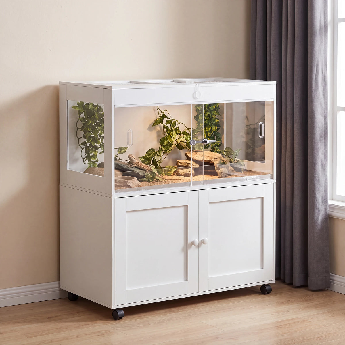 60-Gallon Large Reptile Enclosure with Ventilated Top, Storage Cabinet & Stand