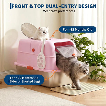 Fully enclosed stainless steel cat litter box with dual entry design and two cats