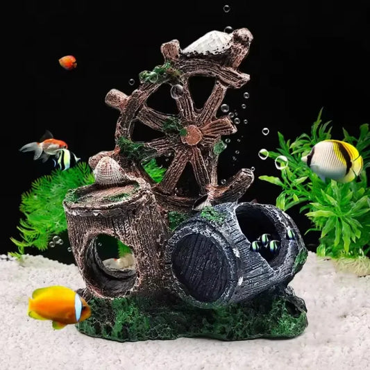 Nautical Steering Wheel & Wine Barrel Aquarium Decoration – Resin Fish Tank Ornament