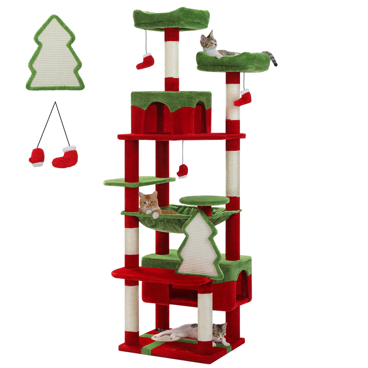 Christmas themed multi level cat tree with sisal scratching posts and hanging stocking toys
