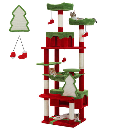 Christmas themed multi level cat tree with sisal scratching posts and hanging stocking toys
