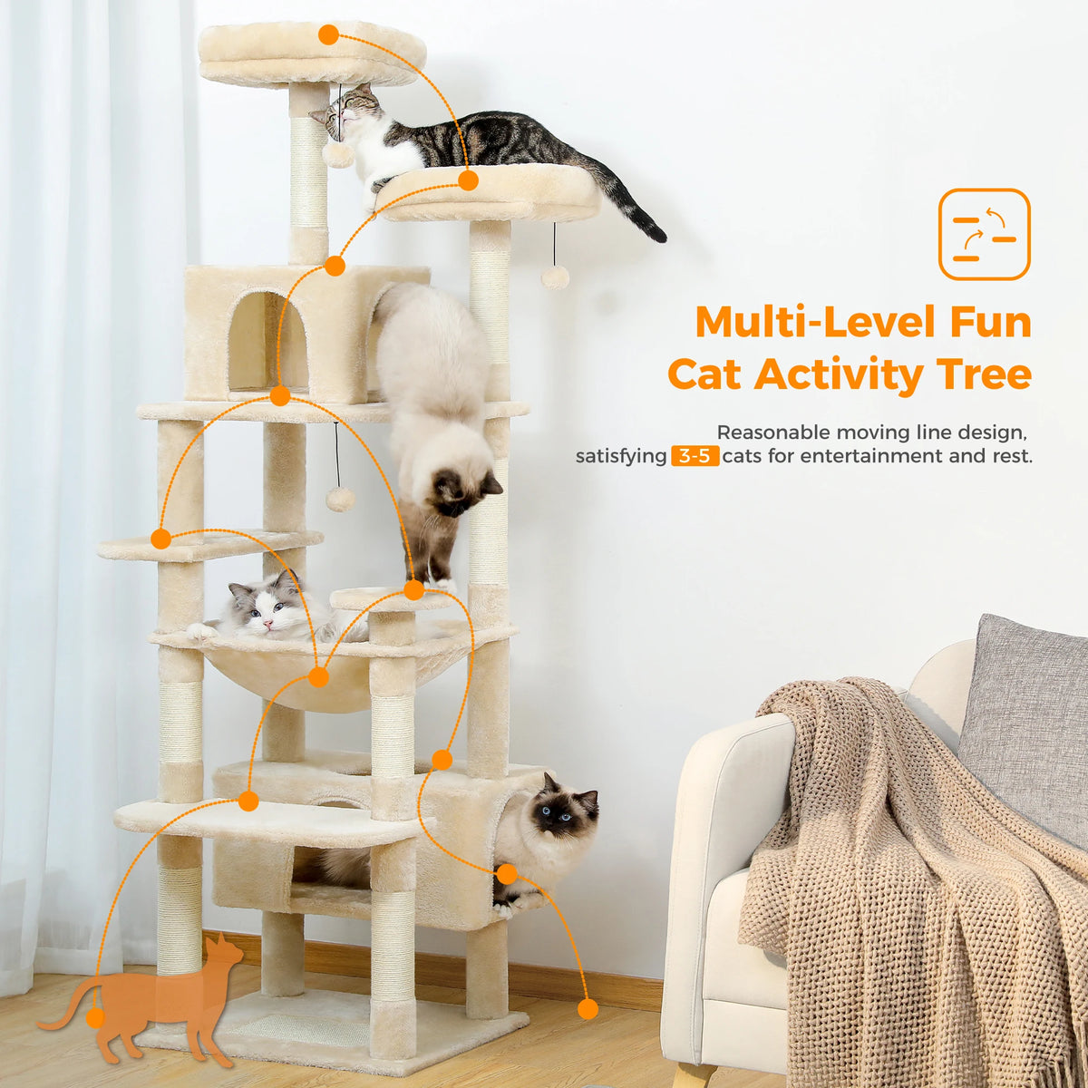 Multi-level cat activity tree with multiple platforms and scratching posts featuring four cats