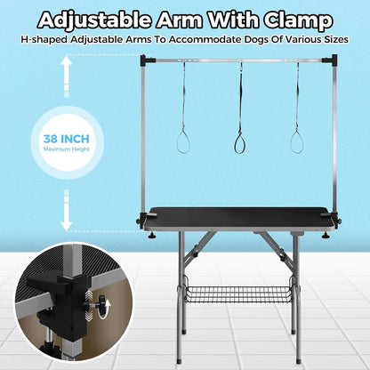 Garvee 42-Inch Foldable Dog Grooming Table – Adjustable Grooming Arm, Non-Slip Waterproof Surface & Storage Basket