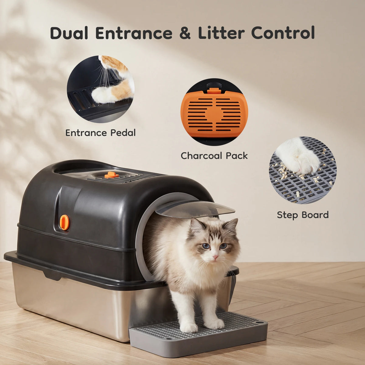 24-Inch Extra-Large Stainless Steel Enclosed Cat Litter Box with Scoop & Mat – 30L Capacity