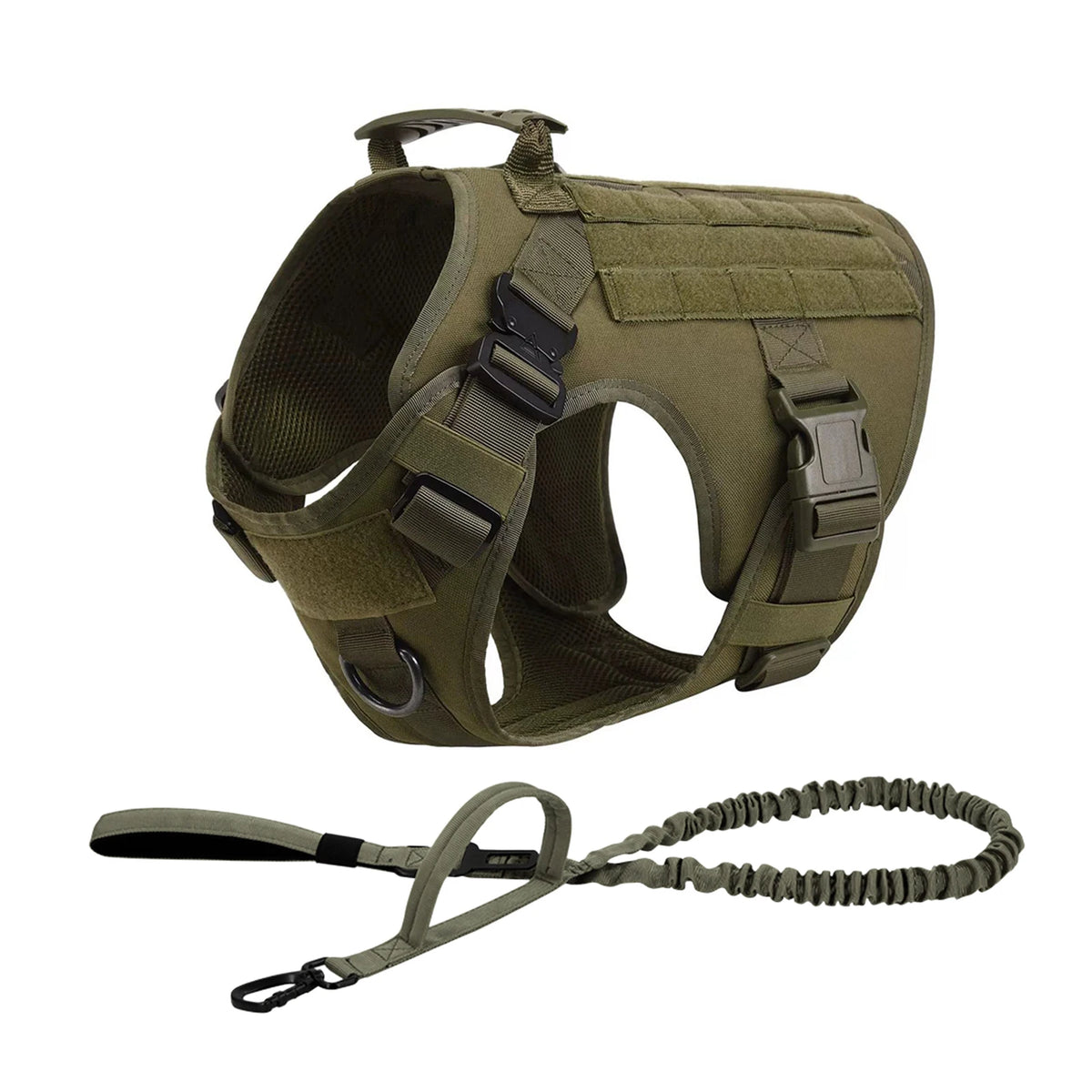 Olive green tactical dog harness with matching bungee leash