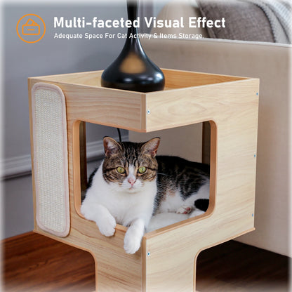 Modern Wooden Cat Condo & Activity Tower with Cozy Hideaway, Removable Soft Mats & Scratching Pad for Indoor Cats and Kittens