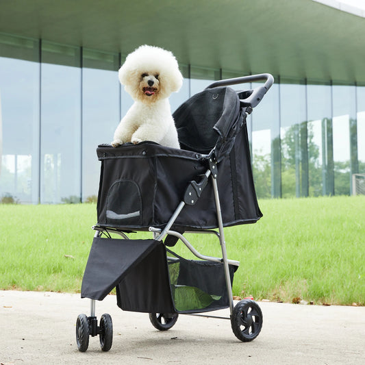 JHK 3-Wheel Foldable Pet Stroller for Small Dogs & Cats – Mesh Windows, Storage Basket & Cup Holder