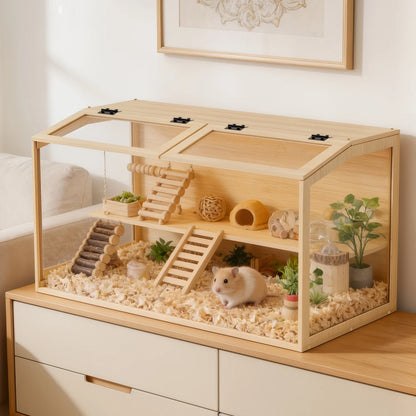 Wooden Hamster & Small Pet Habitat with Tempered Glass Panels & Built-In LED Light – 60/80/100 cm Sizes