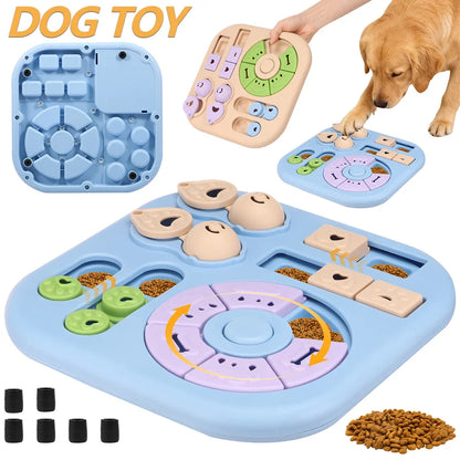 Blue and beige interactive dog puzzle toy with treat compartments