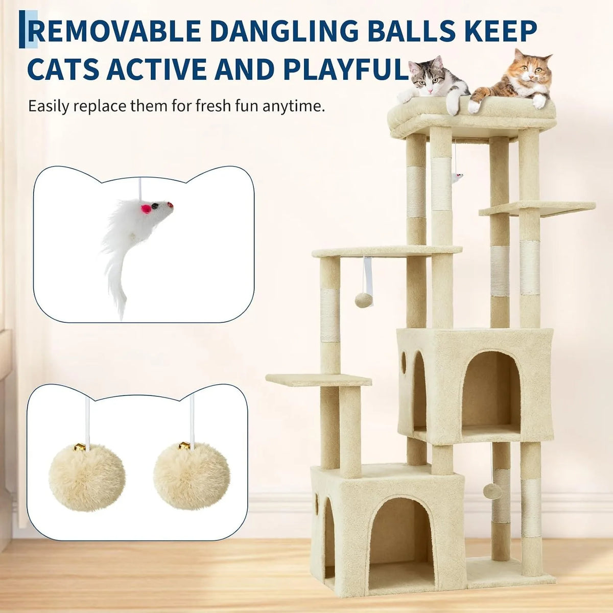 Beige multi-level cat tree with two cats on top and removable dangling toy attachments