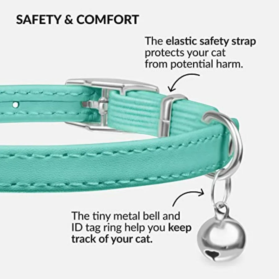 Mint Green Leather Cat Collar with Removable Bell & Safety Elastic Strap