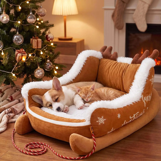 Christmas Santa Sleigh Dog Bed – Large Plush Pet Sofa with Raised Sides & Washable Design