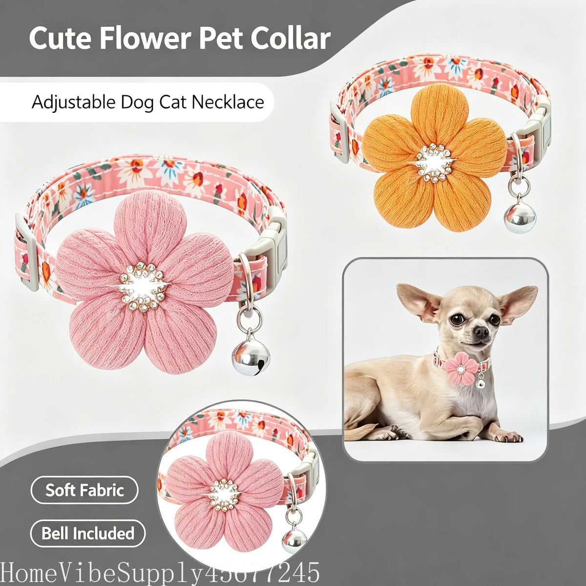 Cute flower pet collar with adjustable strap and bell on a small dog