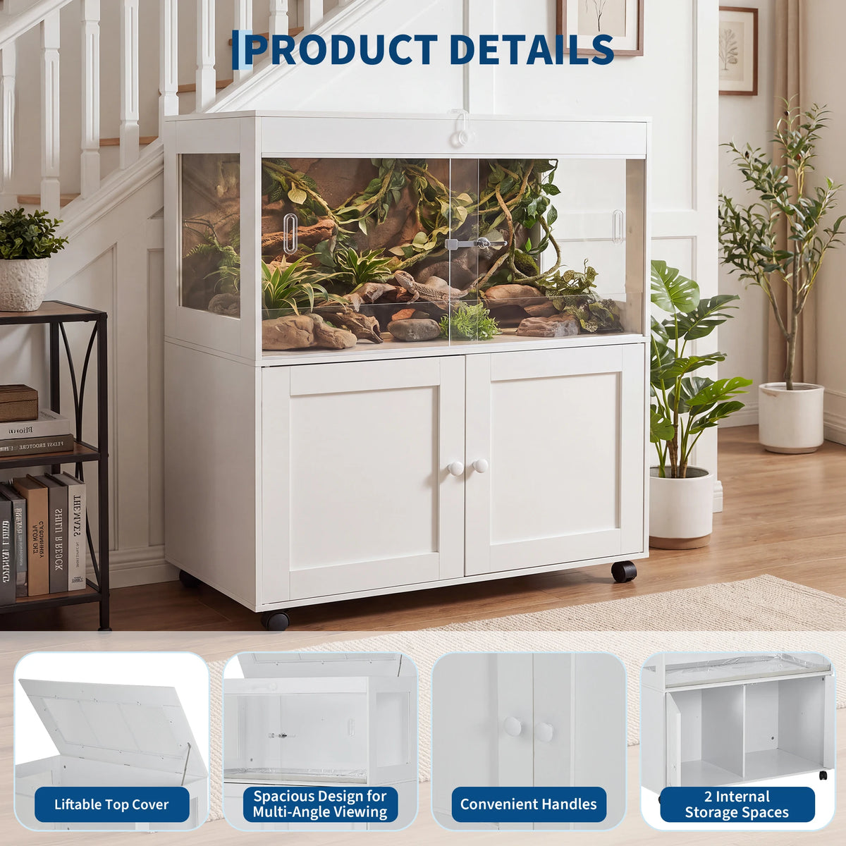 60-Gallon Large Reptile Enclosure with Ventilated Top, Storage Cabinet & Stand