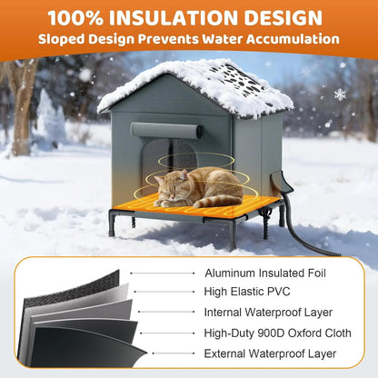 Heated Outdoor Cat House – Weatherproof Insulated Shelter with Heating Pad & Elevated Waterproof Base